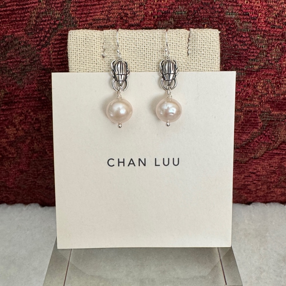 NEW Chan Luu $125 Scarab Freshwater White Pearl Earrings 925 ~Boho Chic 🌺🪲